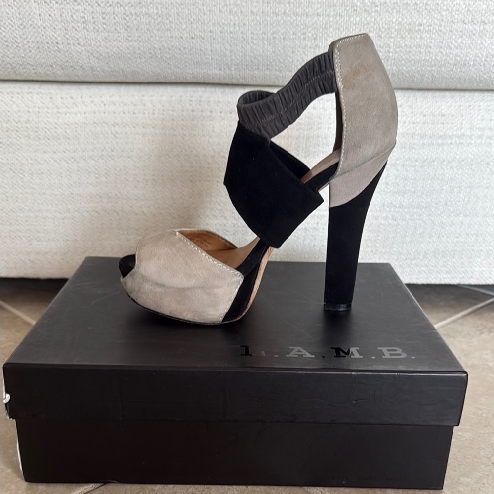 L.A.M.B. Black and Gray High Heeled Sandals